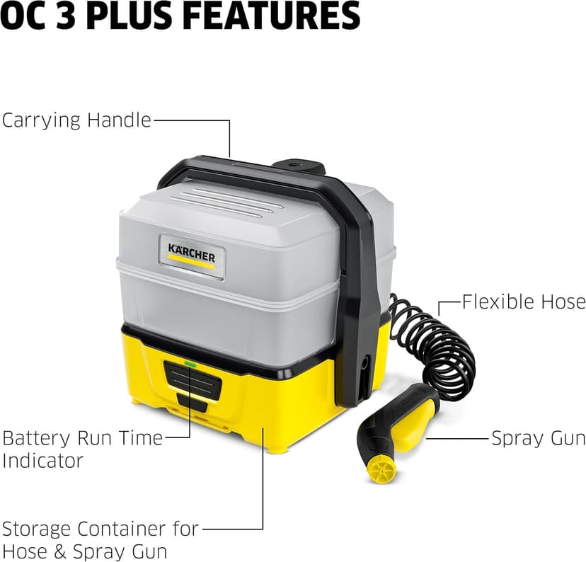 Kärcher OC 3 Plus Mobile Outdoor Cleaner, 1.8 gal. Water Tank, Spray Gun and Hose, Battery Operated, for on-The-go Cleaning, 72 PSI