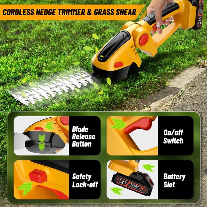 Hedge Trimmer Cordless with 21V Battery - 2 in 1 Electric Shrubbery Trimmer, Handheld Grass Shear Cutter Lightweight-Mini-Grass-Trimmer Bush Trimmer for Garden Yard Lawn Pruning