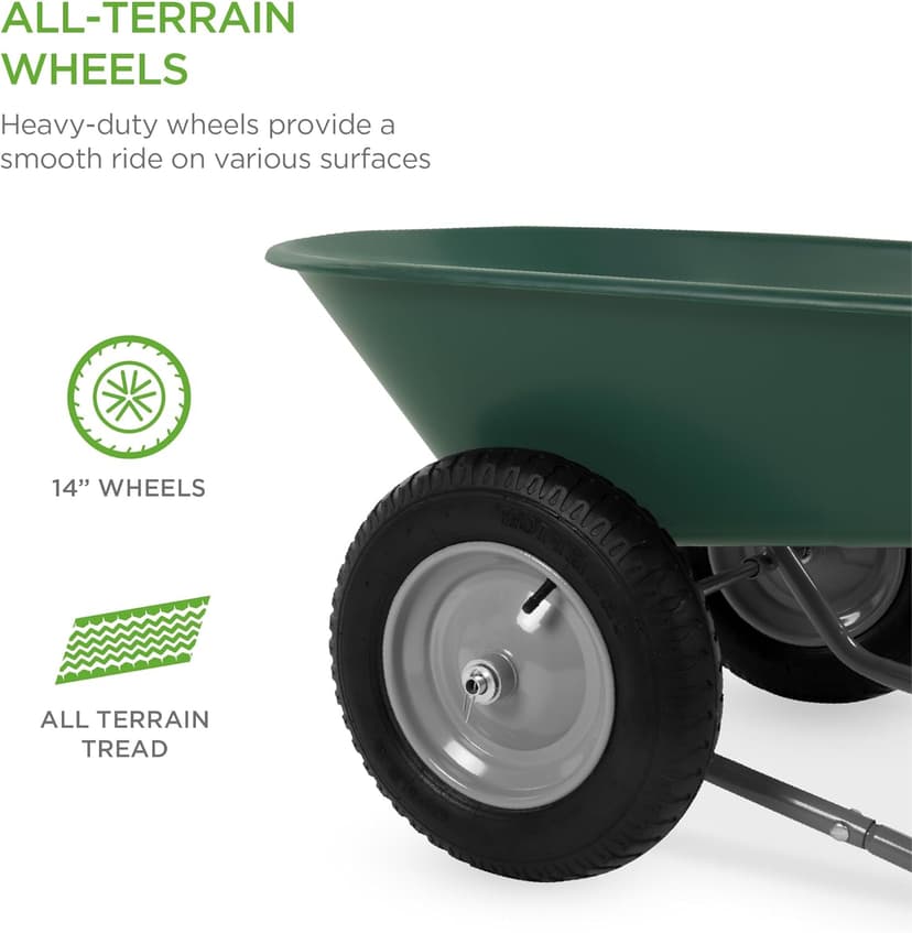 Best Choice Products Dual-Wheel Home Utility Yard Wheelbarrow Garden Cart w/Built-in Stand for Lawn, Gardening, Construction - Green
