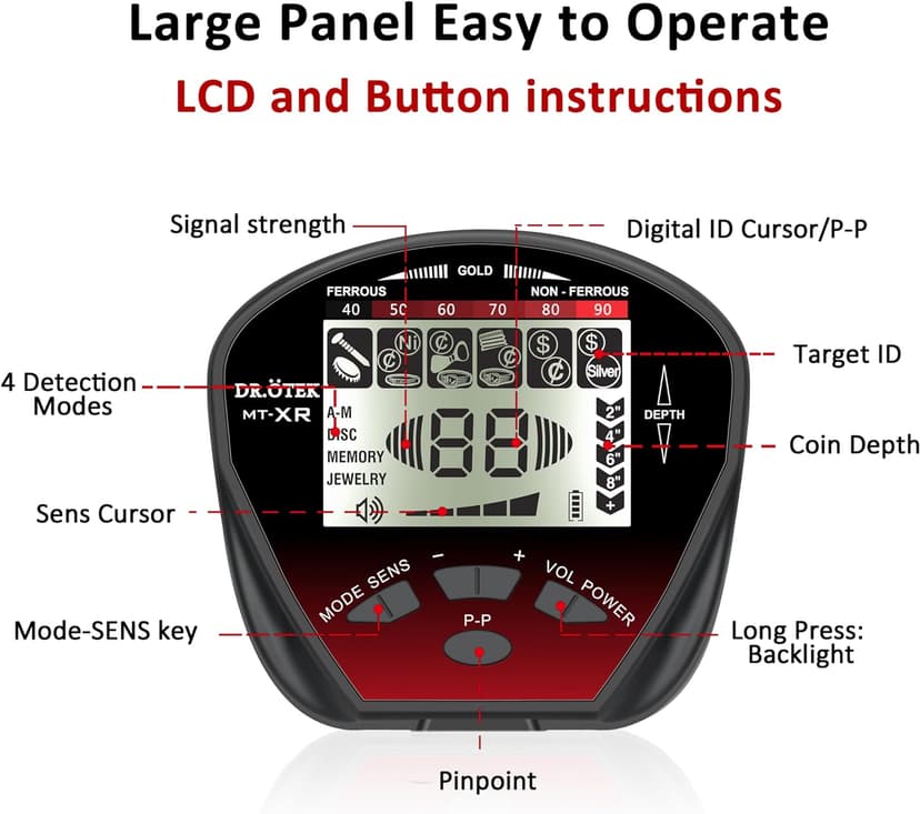 DR.ÖTEK Metal Detector for Adults Professional, Pinpoint Metal Detector Waterproof Gold and Silver, Higher Accuracy, Bigger LCD Display, Strong Memory Mode, 10" IP68 Coil, New Advanced DSP Chip