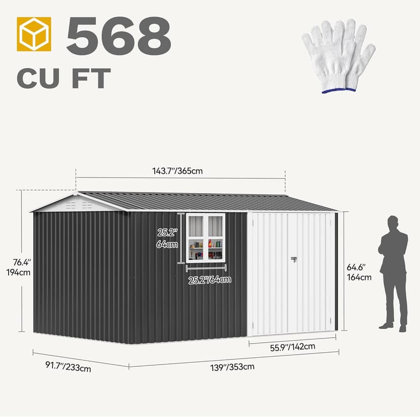 DWVO 12' x 8' Outdoor Storage Shed, Waterproof Metal Garden Shed with Windows, Lockable Doors, and Sloped Roof for Patio, Backyard, Lawn, Tool Storage, Bike Shed, Pet Shelter (Gray + White)