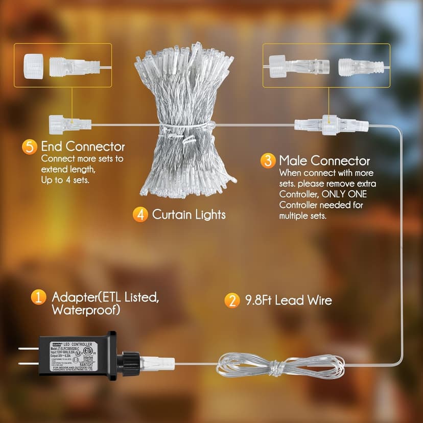 Brightown 300 LED Curtain String Lights, 9.8 FT Hanging Fairy Lights with Remote, 8 Modes, Connectable Waterproof Window Lights for Bedroom Backdrop Wedding Outdoor Christmas Party, Warm White
