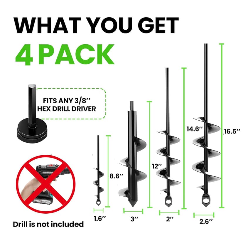 K-Brands Auger Drill Bit for Planting 2 Pack 1.6 x 16 Inch & 3.5 x 16 Inch Set – Garden Spiral Hole and Bulb Planter Tool for Umbrella Holes - Compatible with 3/8 Inch Hex Drive