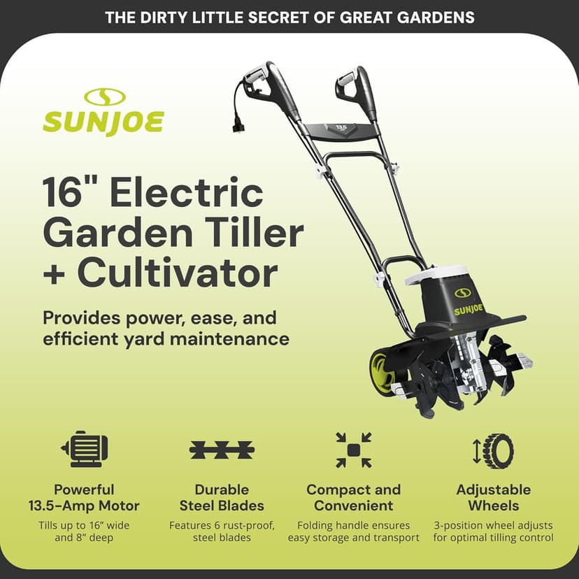 Sun Joe Electric Garden Tiller and Cultivator, Steel Tines, 13.5 Amp, 16 Inch, Black - Heavy Duty Gardening Machine and Equipment for Lawn, Yard, and Grass