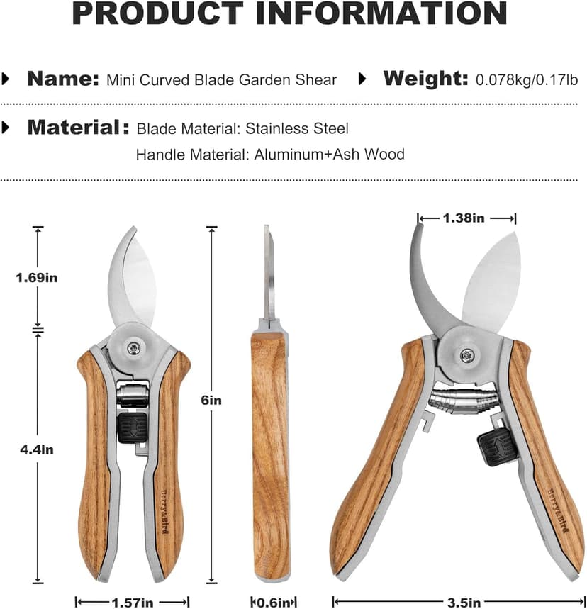 Mini Pruning Shears for Gardening Curved Blades Hand Pruners with Wooden Handle Garden Scissors Snips Stainless Steel Trimming Small Clippers Bonsai Compact Size Sheaering Tool