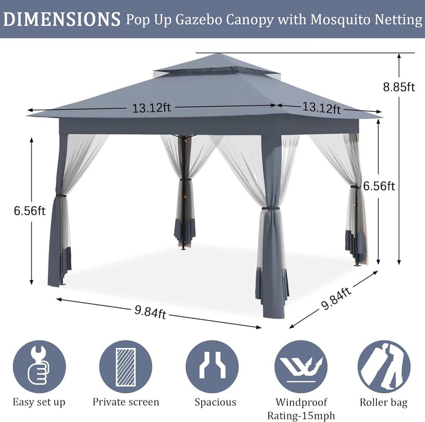 yoyomax 13X13 Outdoor Pop Up Gazebo with Netting, Portable Gazebo Waterproof Patio Canopy Shelter with Double Roof Tops and 169 Square Feet of Shade for Beach Parties, Camping and Picnics - Gray