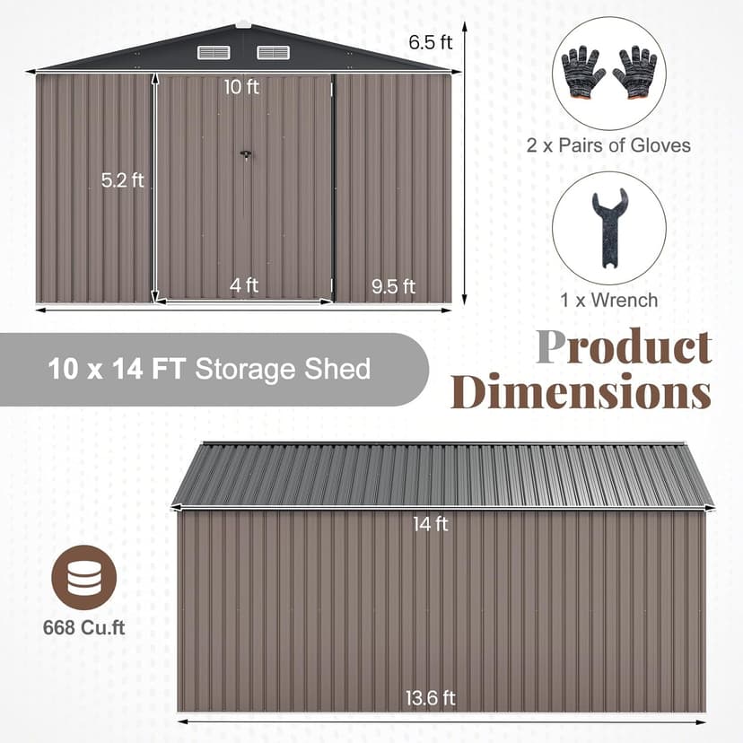 Goplus 10 x 14 FT Outdoor Storage Shed, Large Garden Tool House w/Improved Windproof Metal Structure, 4 Vents, Lockable Door, Waterproof Utility Tool Organizer for Backyard, Lawn, Patio
