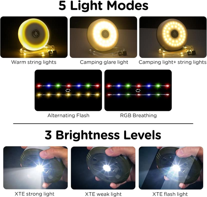 OGERY Camping String Lights, 4 in 1 Quick Storage 32.8FT Rechargeable Tent Lights String with 8 Lighting Modes, Hanging Waterproof Portable LED Lamp for Outdoor Patio Awning Garden Party Essentials