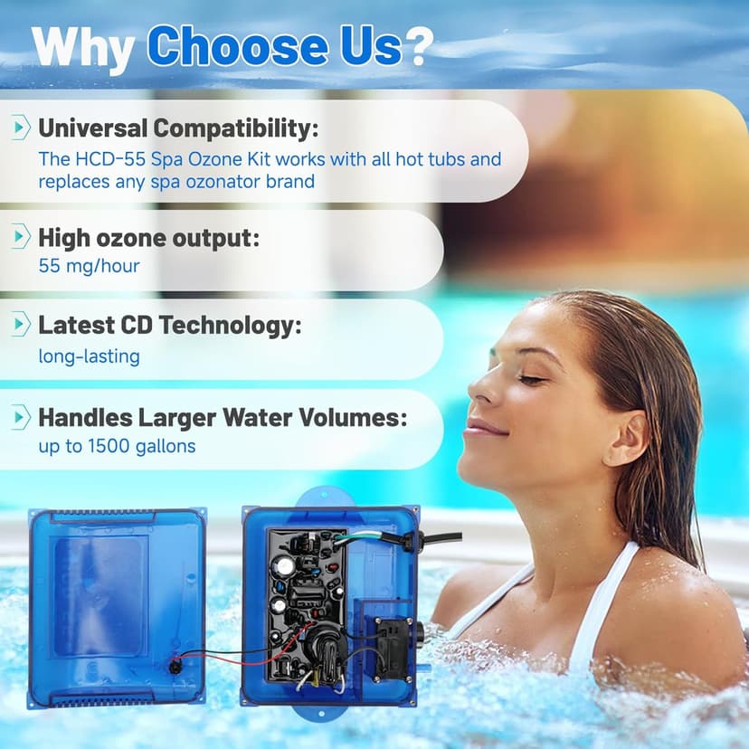 HCD-55 Spa Ozone Kit Suitable for All Hot Tubs & Swim Spas, Hi-Output Spa Ozone Generator with Capacity of Up to 1500 Gallons, Universal: 120V/240V