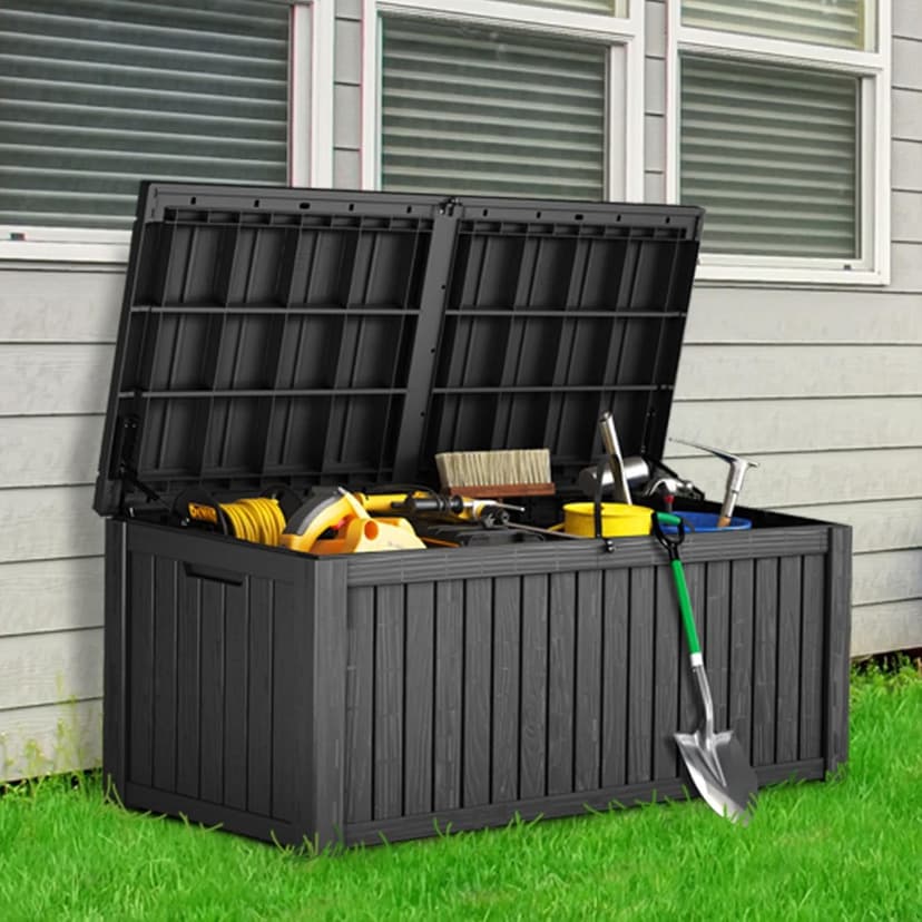 150 Gallon Waterproof Deck Box, Lockable Resin Storage Box for Patio Furniture Cushions Garden Tools and Outdoor Delivery Storage, Black