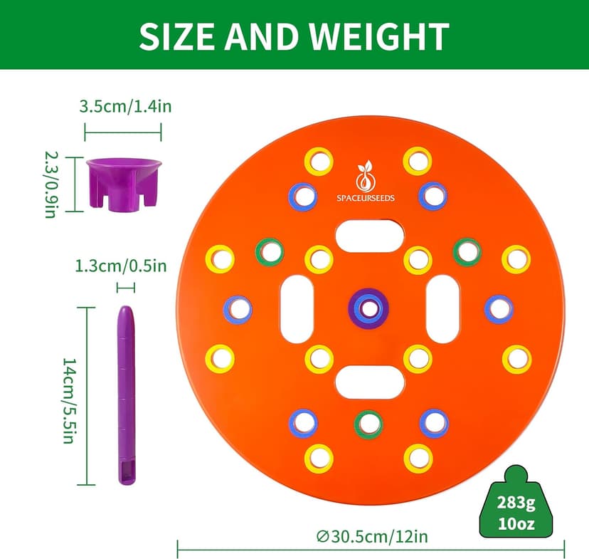 Round Seed Planting Template by Spaceurseeds – Patented Color-Coded Garden Spacing Tool Kit with Seed & Seedling Spacer, Dibber with Seed Spoon & Laminated Vegetable Growing Guide