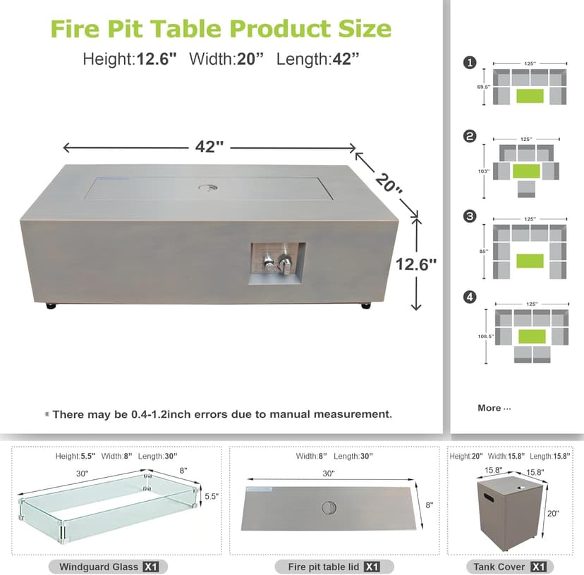 42" Rectangular Propane Fire Pit – 50,000 BTU Fire Table with Wind Guard Glass, Lid, Rocks and Cover – Backyard Fire Pits Outdoor – Propane Gas Fireplace for Deck or Patio (Grey, 42" Standard)