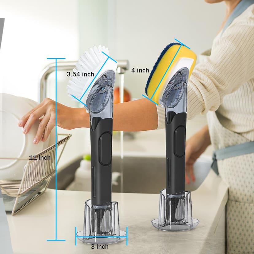 AJXX Dish Brush with Soap Dispenser Storage Set, Dish Soap Brush with 2 PCS Brush Heads & Holder, Soap Dispenser Brush with Handle, Dish Brush with Soap Dispenser, for Utensils, Pans, Sinks, Cookware