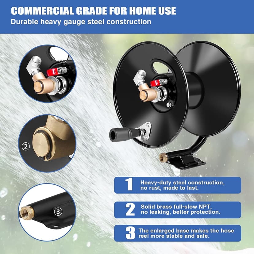 Heavy Duty Power Washer Hose Reel - 50ftx3/8' / 65ftx1/4', M22-14 Fitting, Wall/Trailer/Van Mount, Manual Crank