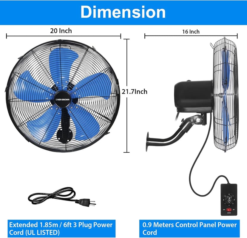 KEN BROWN 18 Inch 3-Speed High Velocity Industrial Oscillating Fan, Wall Mount Fan with Max. 4200 CFM, Seperated Switch and 5 Blades, Heavy Duty Metal for Household/Patio/Workshop, Blue