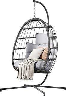 HWB Hanging Egg Chair with Stand, Patio Wicker Hammock Egg Swing Chair with Cushion for Bedroom Garden Indoor Outdoor (Grey)