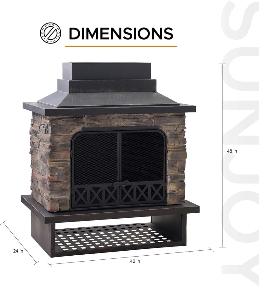 Sunjoy Outdoor Fireplace, Heavy Duty Patio Wood Burning Fireplace with Steel Chimney, Mesh Spark Screen Doors, Removable Grate and Fire Poker, Black