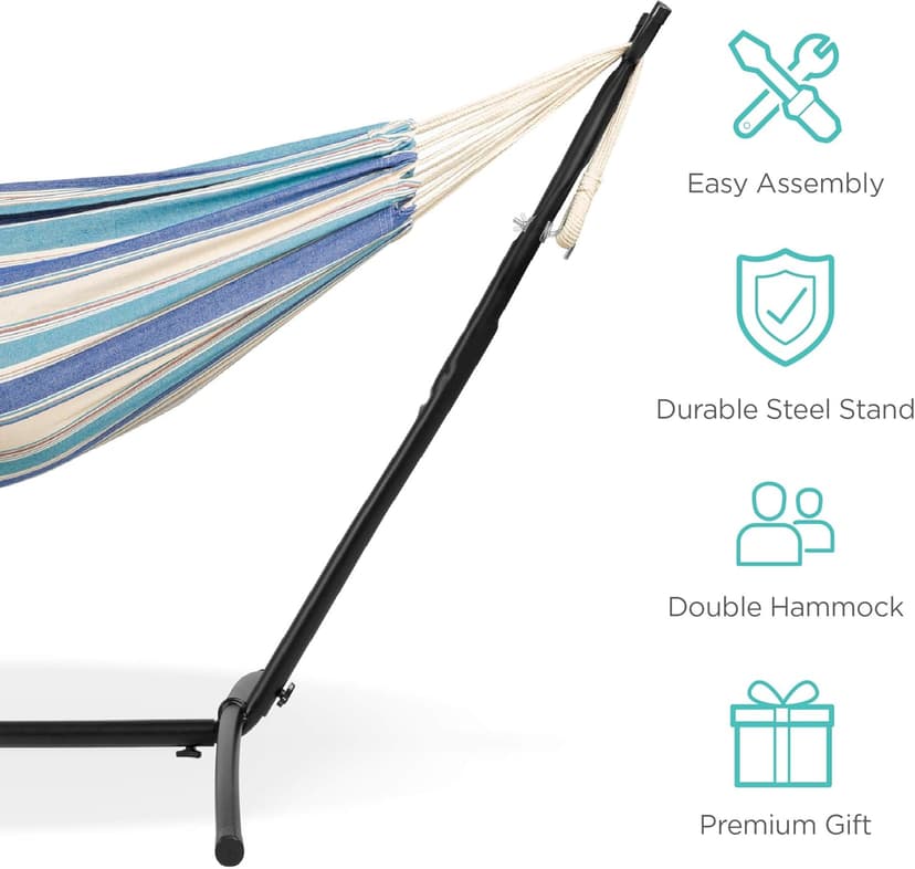 Best Choice Products Double Hammock with Steel Stand, Indoor Outdoor Brazilian-Style Cotton Bed w/Carrying Bag, 2-Person Capacity - Ocean