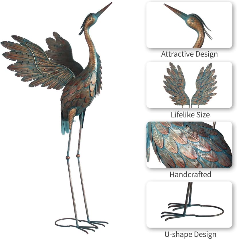 Metal Heron Yard Art, Standing Garden Sculptures & Statues for Outdoor Decor, 38-42 Inch Set of 2, Copper