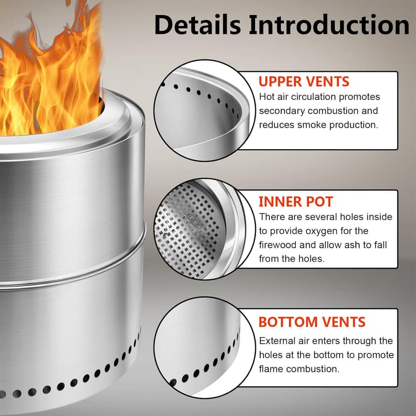Edostory Smokeless Fire Pit, 20 Inch Portable Outdoor Wood Burning Firepit with Removable Ash Pan - Perfect for Camping and Backyard Gatherings, Ideal for 4-6 People, 304 Stainless Steel