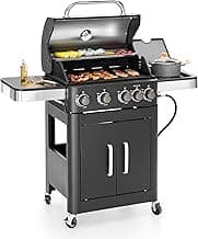 MFSTUDIO 4 Burners Propane Gas Grill and Griddle Combo with Searing Side Burner, 2 in 1 Griddle Grill and Porcelain-Enameled Cast Iron Grates, 46,700 BTU Outdoor Cooking Barbecue Grill, Black