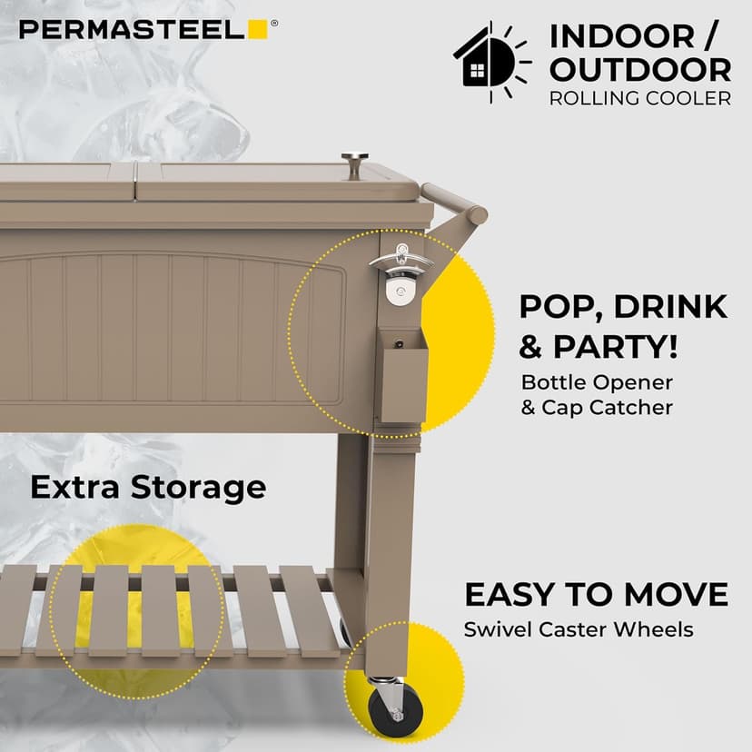 Permasteel 80-Qt Rolling Patio Cooler with Storage Shelf, Large Beverage Cart for Outdoor Entertaining, Backyard, Deck & Parties, Antique Teak Style, Taupe + Bonus Cover