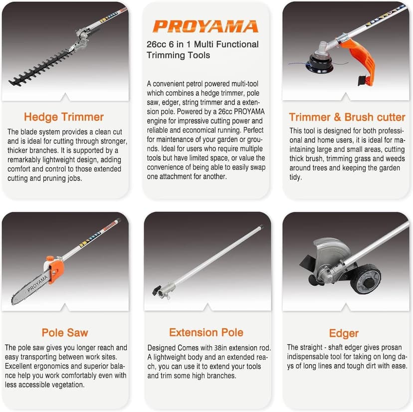 PROYAMA 26cc 6 in 1 Multi Functional Trimming Tools, Gas Hedge Trimmer, Weed Eater, String Trimmer, Brush Cutter, Edger, Pole Saw Chainsaw Pruner with Extension Pole