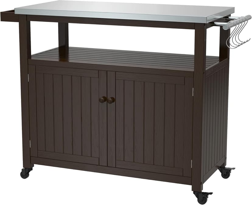 GDLF Outdoor Storage Cabinet Solid Wood Prep Grill Table with Stainless Steel Top Waterproof Cover Dark Brown