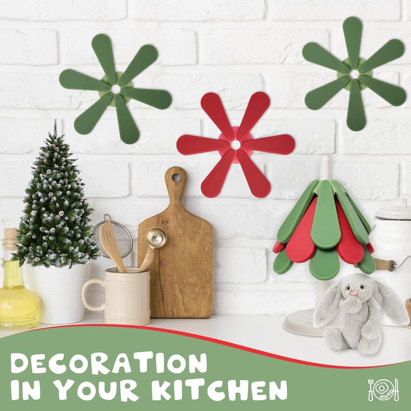 Silicone Trivets for Hot Dishes,Tree Shaped Trivets Set for Hot Pots and Pans, Tree Coasters/Tree Trivets,Hot Pads for Kitchen Decor and Accessories, 3 Pot Holders and 1 Stand (Christmas Round)