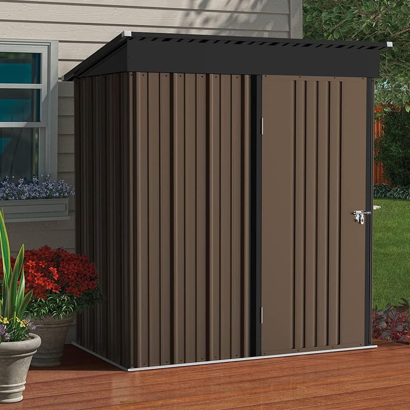 LEMBERI 5x3 FT Outdoor Storage Shed with Floor,Tool Garden Metal Sheds with Lockable Door,Outside Waterproof Galvanized Steel Storage House for Backyard Garden, Patio, Lawn Brown