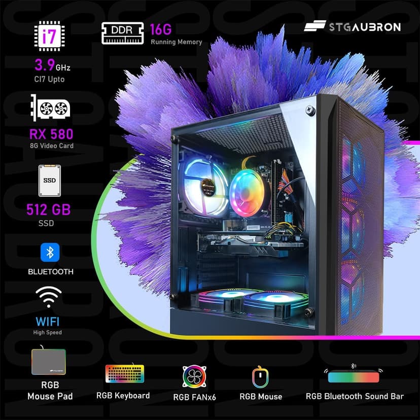STGAubron Gaming PC Bundle with 24Inch FHD LED Monitor-Intel core I7 up to 3.9G, RX 580 8G, 16G, 512G SSD, RGB Mouse Pad, RGB Sound Bar, Windows 10 Home