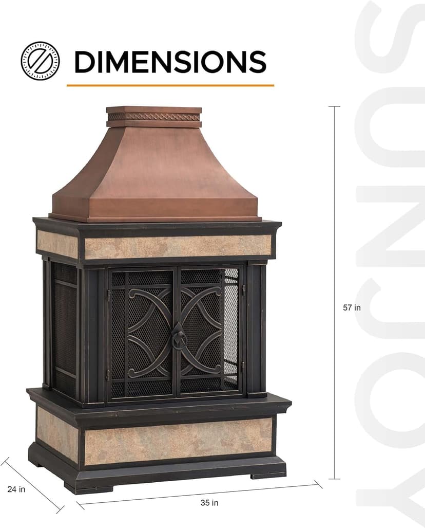 Sunjoy Outdoor Fireplace, Smith Collection Patio Wood Burning Steel Fireplace with Chimney, Spark Screen, Fire Poker, and Removable Grate, Copper with Yellow Tile