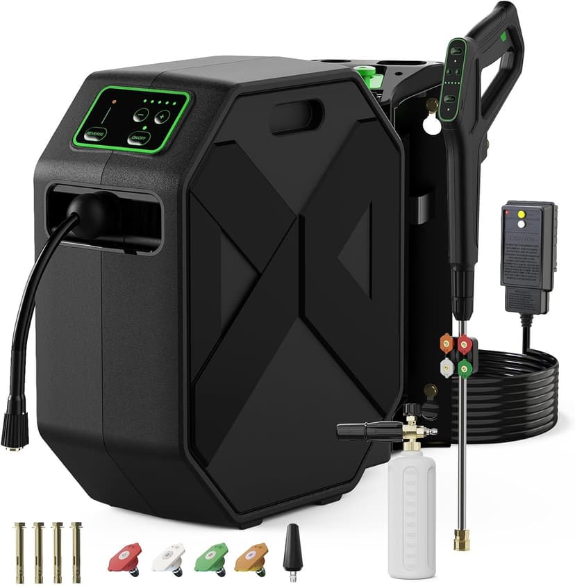 Buyplus Wall Mounted Pressure Washer, 5200PSI 3.2GPM Electric Power Washer, Remote Controlled with 100FT Retractable Hose, GFCI Power Cord, Foam Cannon, 5 Nozzles for Cars, Driveways, Patios, Black