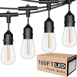 Outdoor String Lights LED 100FT Commercial Grade Heavy Duty Light String Lights with 30 Sockets 32 Shatterproof Plastic Bulbs Include 2 Spare S14 Dimmable Edison Bulbs Patio Market Cafe Light