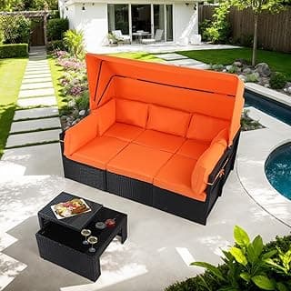 8 Pieces Outdoor furniture , Patio Conversation Sets ,Patio daybed Outdoor Couch with Cushions and canopy, porch/balcony furniture with Glass Coffee Table for Garden,Poolside, Backyard (Orange)