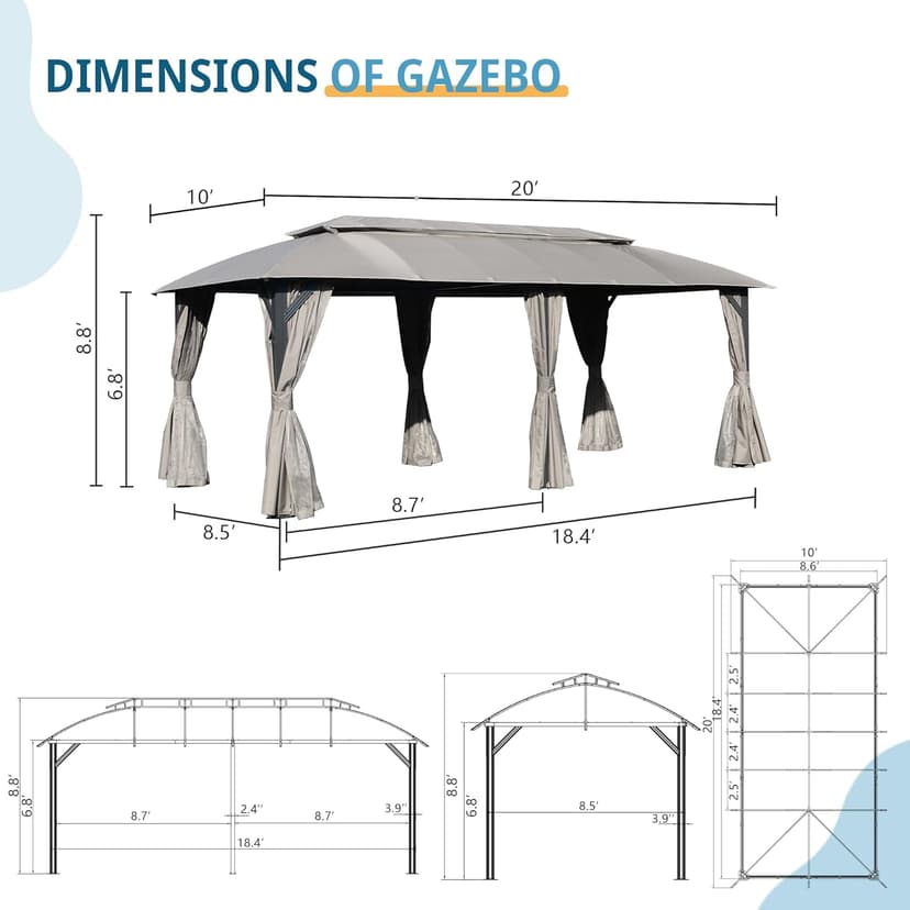 Domi Gazebo 10x20FT, Outdoor Gazebo with Double Roofs, Privacy Curtains, Mosquito Nettings, Heavy Duty Metal Frame Party Tent Canopy for Patio, Backyard, Deck, Lawn, Grey