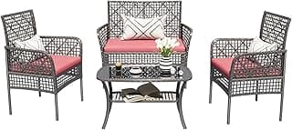 4 Pieces Outdoor Patio Furniture Set,PE Rattan Wicker Garden Conversation Chairs with Tempered Glass Table and Soft Cushions for Backyard Pool or Lawn,Khaki (Red, 4 Piece)