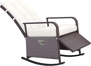 Outsunny Wicker Outdoor Rocking Chair, Patio Recliner with Adjustment Backrest, PE Rattan Lounge Chair with Adjustable Footrest and Cushions for Garden, Backyard, Porch, Beige