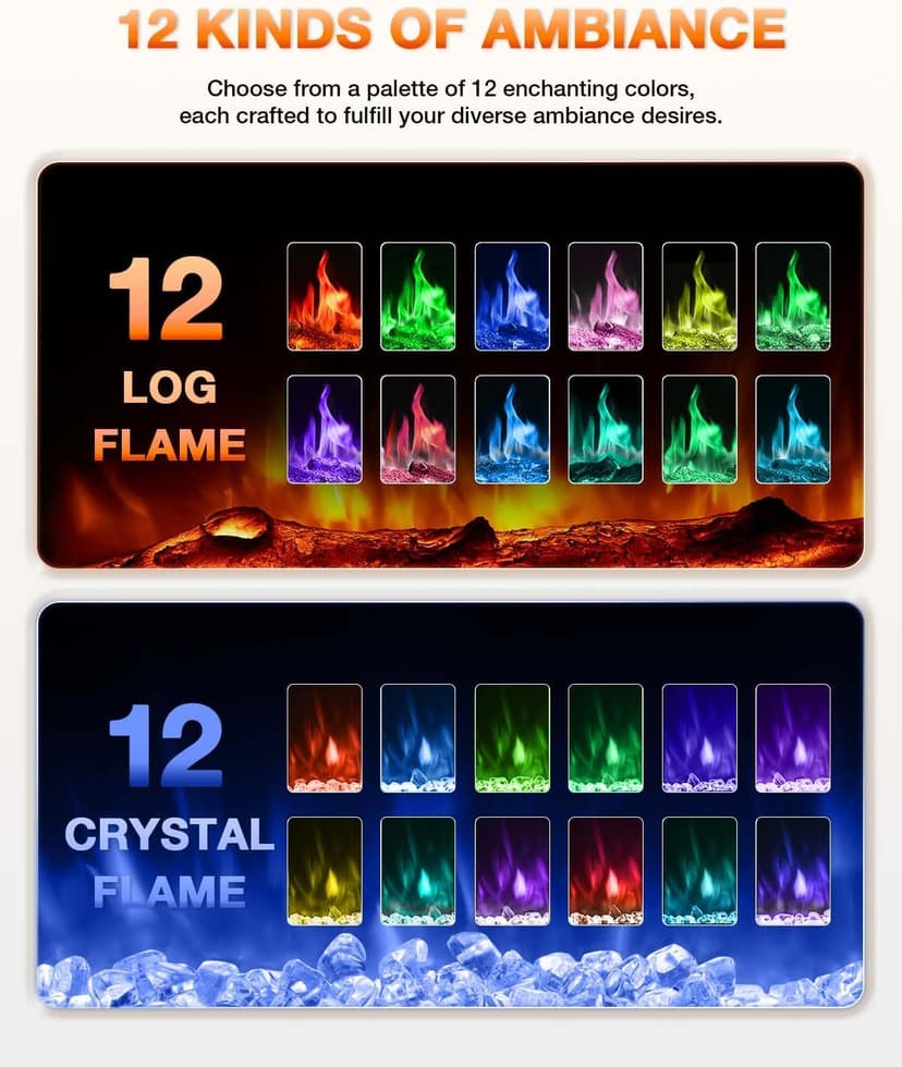 Electric Fireplace 60Inch,Realistic Flame Electric Fireplace Heater,Log Set,Crystal Flames 750-1500W with Timer Inserts,Wall Mounted,TV Stand Touch Screen & Remote for Living Room Easy Install