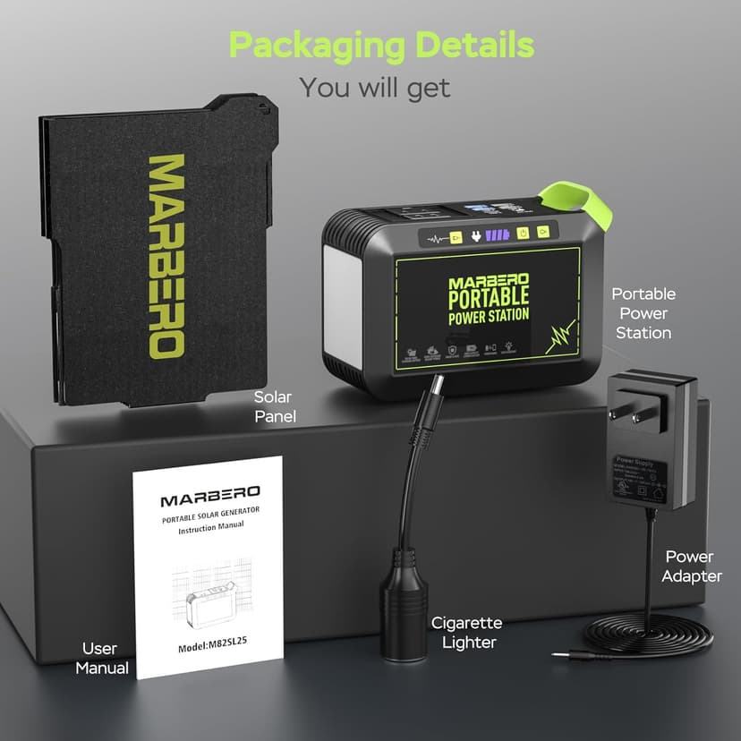 MARBERO 80W Solar Powered Generator with Panels 25W Included, 88.8Wh Lithium Battery Portable Power Station with AC Outlet 120W Peak Fast Charging 110V for Camping Outdoor Home Backup Backup RVs