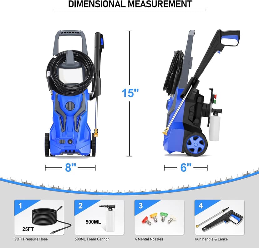 4800PSImax 3.2GPM Pressure Washer Powered - Electric Power Washer for Cars Washing with 25FT Pressure Hose, Blue