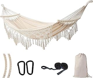 Hammock Hanging Swing Double Max 500lbs Macrame for Indoor Outdoor Patio Yard Garden (Beige)