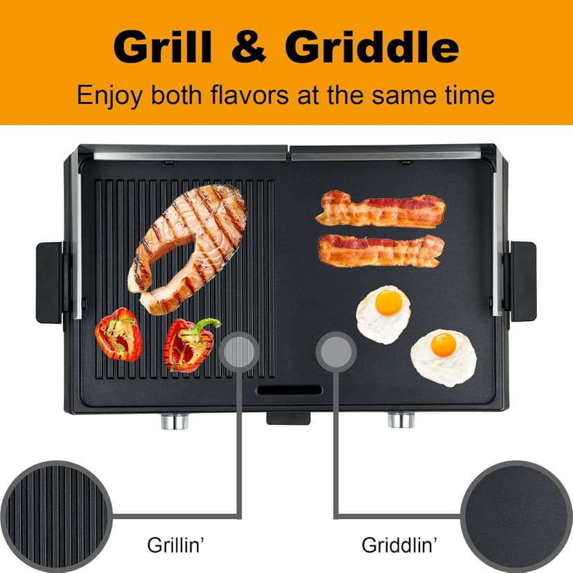 XL Electric Indoor Grill, 20” Non-stick Griddle Combo, 1600W Fast Heating, Dual Temperature Control, Detachable for Easy Cleaning