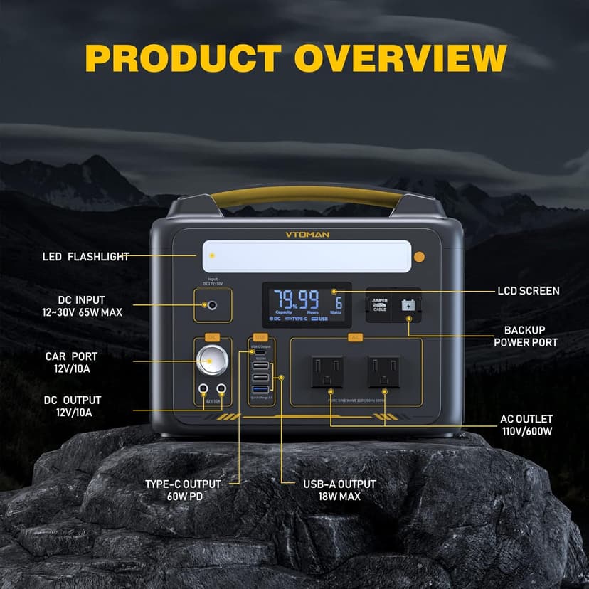 VTOMAN Jump 600X Portable Power Station, LFP Battery Powered Generator with 2x 600W AC Outlets (Surge 1200W), 4x USB ports, 3x DC Output for Outdoor Camping, Vehicle Emergency, Electric Backup
