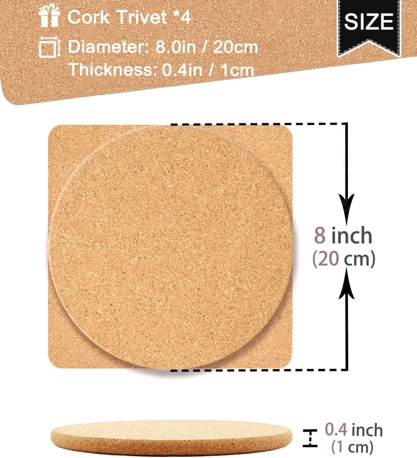 Cork Trivet, High Density Fine Particle Thick Cork Trivets for Hot Dishes, 8 Inch Heat Resistant Cork Coaster, Cork Placemats Cork Hot Pads for Hot Pots and Pans, 4 Pcs