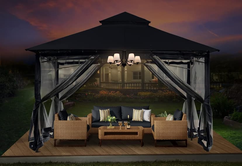 ABCCANOPY Gazebos for Patios 10x10 - Outdoor Steel Frame Gazebo with Mosquito Netting for Lawn Backyard Garden Deck (Black)