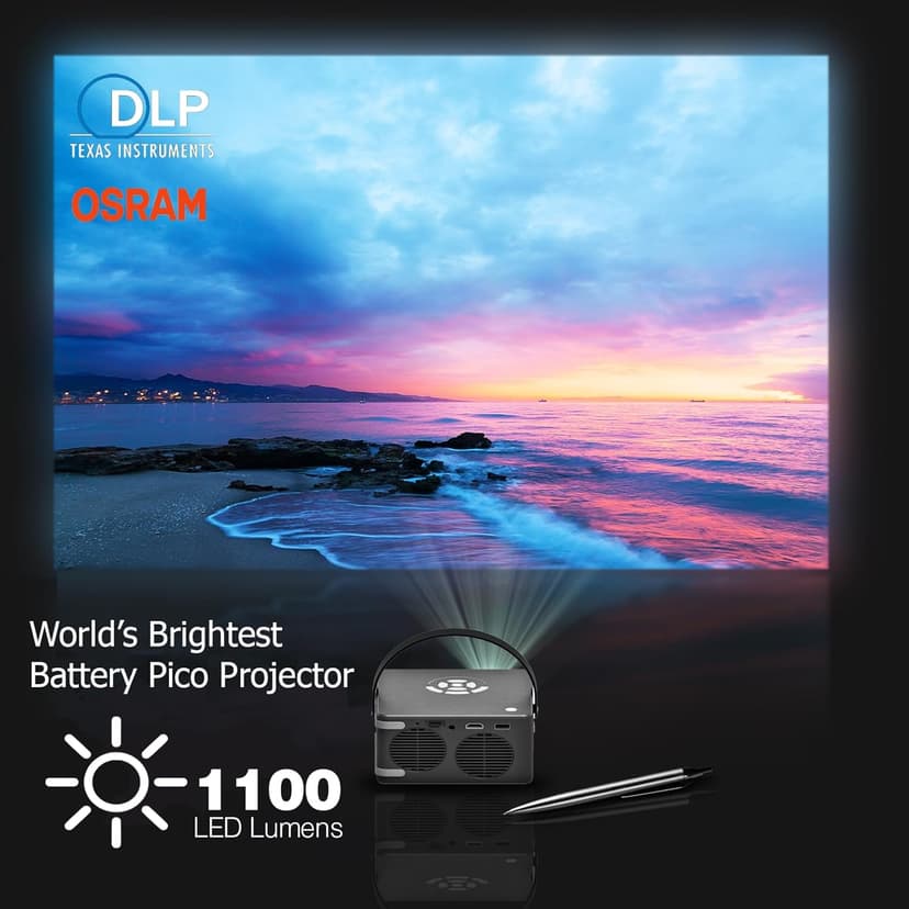 [6 Hr Battery] Worlds Brightest AAXA P6 Ultimate 1100 LED Lumens Smart Projector, USBC Video, 20000mah, WiFi 6 BT 5.4, Direct iPhone Mirroring, Portable Mini Projector, 1080p, HDMI/USB/TF Inputs
