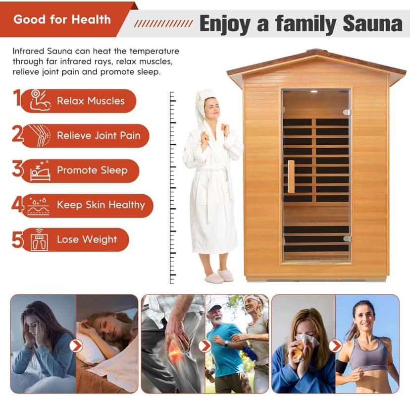 Outdoor Sauna 2 Person Far Infrared Saunas Dry Home Sauna Room Hemlock 1 to 2 Person Wood Sauna 1950W/110V Low EMF with Bluetooth Speaker, Reading Light, Cup Holder and Towel Rack - 47*39*82 IN