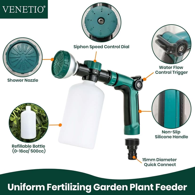 VENETIO 8-Dial Hose End Sprayer for Liquid Fertilizer/Soap | Precision Lawn, Yard & Garden Feeder with 16oz Bottle for Uniform Fertilizing and Watering Plants | Car, Dog Wash Hose Attachment Nozzle