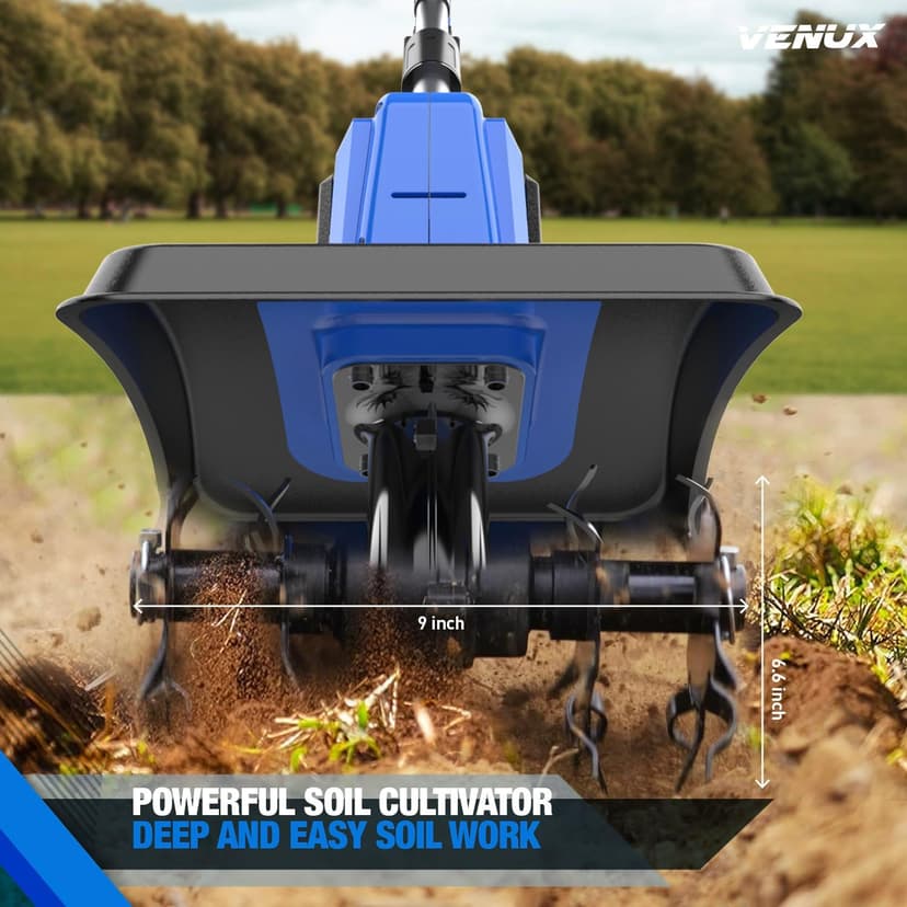 VENUX 20V Cordless Tiller Cultivator Electric Garden Tiller- 2 Batteries 4.0AH Included, 48 Steel Anti-Rust Tines 360RMP Tilling 9-in Width & 6.6-in Depth, Safety Gloves & Glasses Included